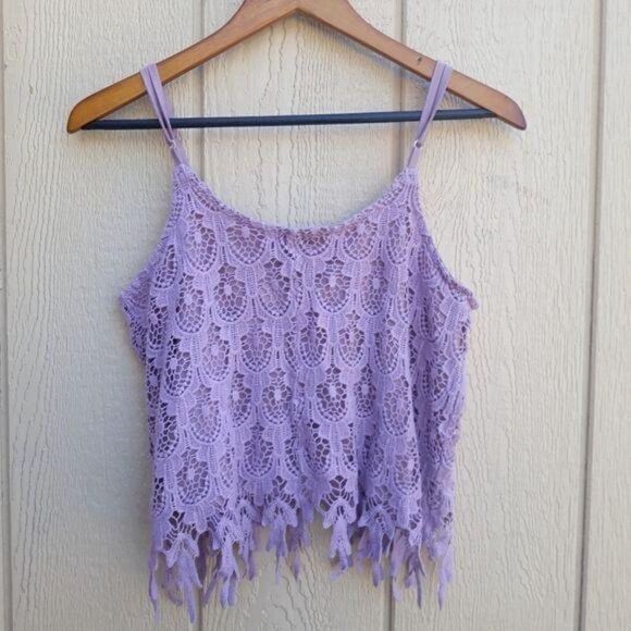 Rue21 Boho Crochet Lace Scalloped Dangle Hem Cropped Tank Top Pink Sz M - Picture 2 of 8